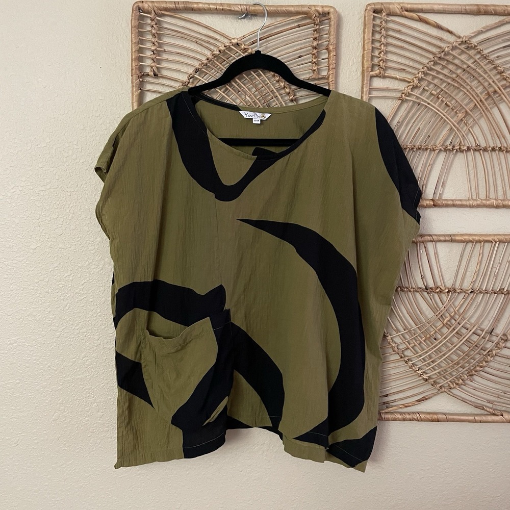 YOU-BE Abstract Asian Top‎ Blouse Tunic Art to Wear Lagenlook Artsy Sz S/M B3